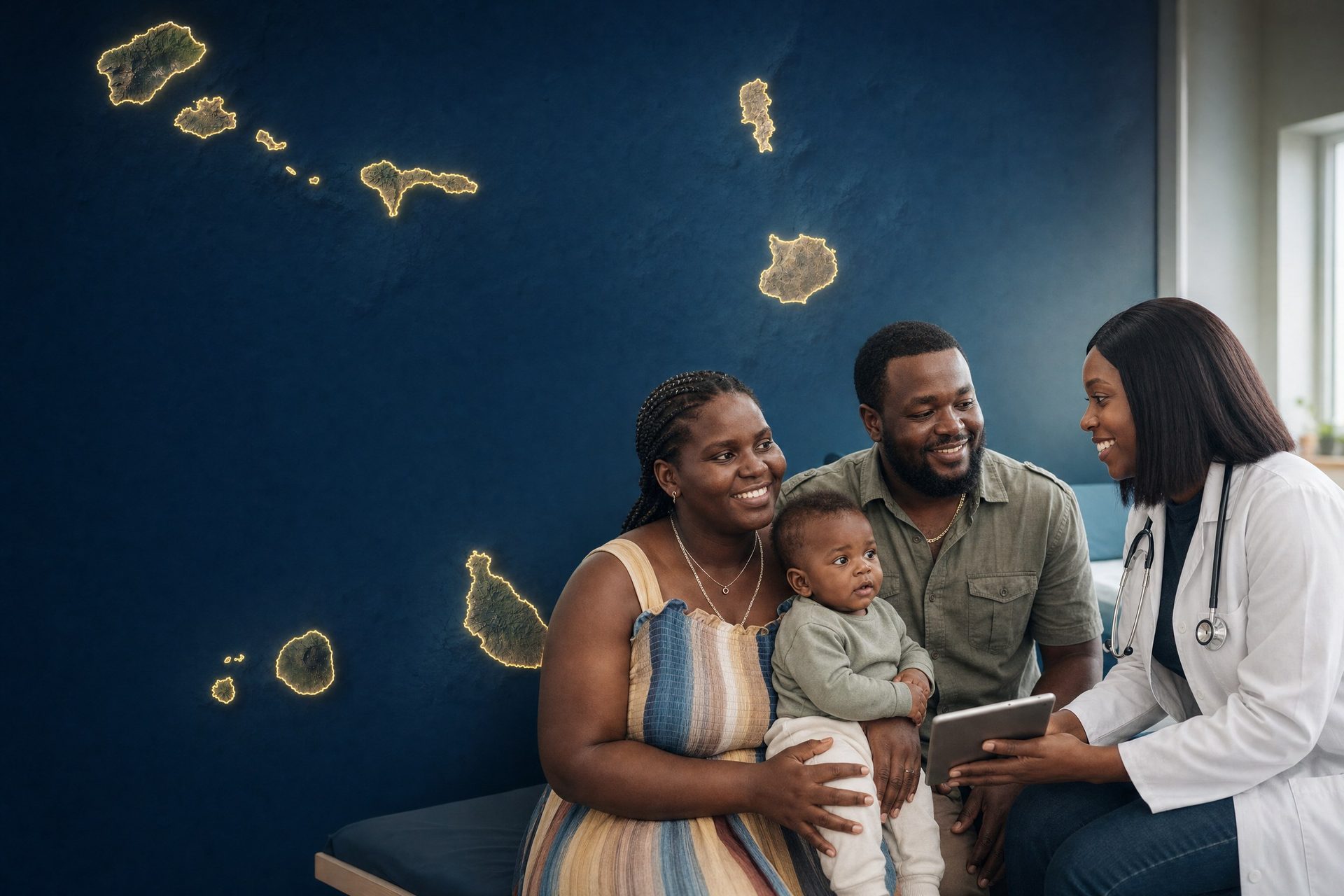 Família feliz numa consulta com uma médica, com o mapa estilizado das ilhas de Cabo Verde ao fundo